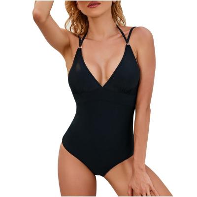 China Breathable Fashion Sexy Solid Color One-Piece Triangle Swimsuit V-Neck Back Cross Thin Cover Belly Swimsuit for sale