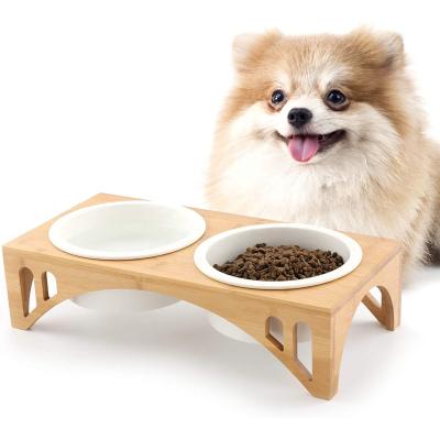 China Eco Sustainable Raised Bamboo Ceramic Dogs Cat Bowl Bamboo Dog Bowl Rack Raised for sale