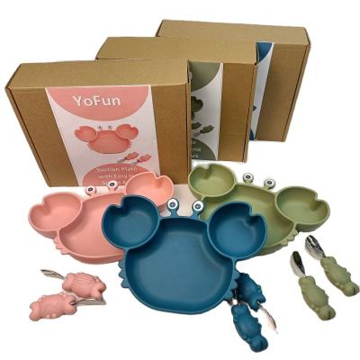 China Minimalist RTS Crab Shape Dish Feeding Set with Spoon and Fork Silicone Bebe Plato BPA Free Infant Microwave Safe Dishwasher for sale