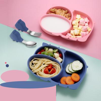 China BPA Free Design Baby Silicone New Pratos Iinfant With Suction Bottom Hippo Shape Dish With Spoon And Fork Sets for sale