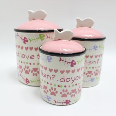 China 3 Sets Ceramic Pet Food Bowl Pet Jars Viable, Wide Mouth Pet Jar With Clear Lids for sale