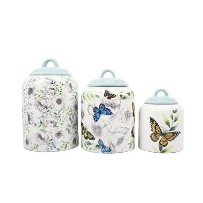 China Freshness Preservation Charming Pretty Butterfly Pattern Ceramic Storage Jar Organizer Container for sale