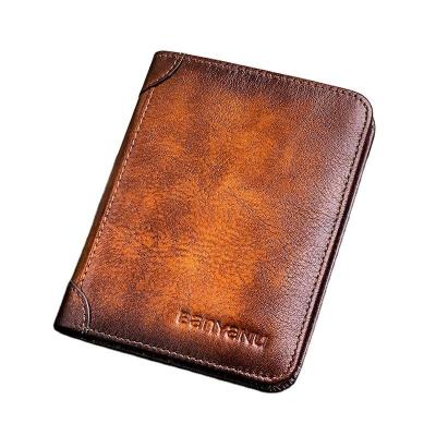 China Anti-Theft Men's Genuine Leather Wallet Vintage Short Multi Function Business Card Holder Anti-theft Open Coin Pocket Money Clip for sale