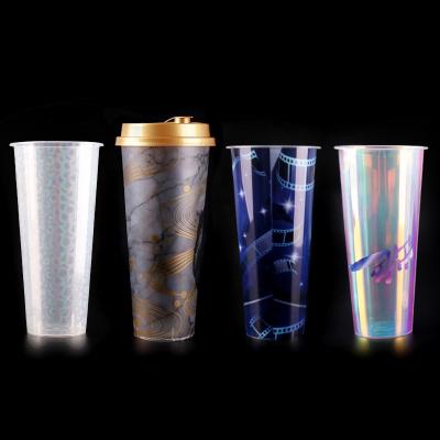 China Factory Custom Logo Rainbow Film Inner pp Injection DOUBLE WALL Cup Boba Milk Plastic Tea Cup With Lids for sale