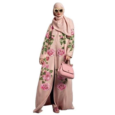 China New Printing Polyester 2023 Modern Muslim Pink Loose Abaya Long Robe Open Abaya For Muslim Women for sale