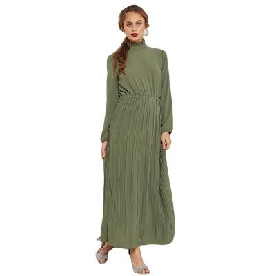 China New Islamic Muslim Clothing Anti-wrinkle Women Clothing Green Pleated High Ruffle Neck Dress Casual Outfits Modest Maxis for sale