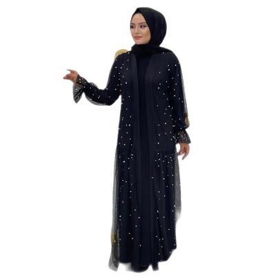 China New 2023 Polyester Muslim Abaya Double Set With Beads Abaya Modern Muslim Clothing Open Abaya For Muslim Women for sale