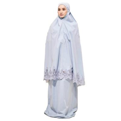 China 2023 New Embroidery Ramadan Eid Silk Fabric Telekung Border Jilbab 2 Pieces Anti-Static Moderate Muslim Women Khimar Hijab Abaya for sale