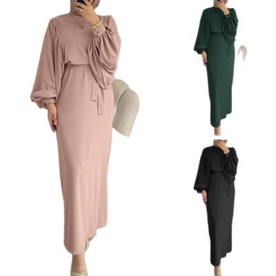 China Hot Selling Polyester Muslim Women's Dress Fashion Lantern Sleeve Waist Bandage Hip Neck Round Long Abaya Dress for sale