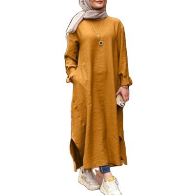 China New Solid Color Women's Low Price Polyester Long Sleeve Shirt Pocket Muslim A-Line Dress Casual Long Dress for sale