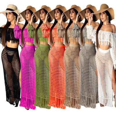 China Anti-pilling Women Beach Crochet Bikini Swimwear Cover Up Crop Top Mesh Split Long Skirt Two Piece for sale