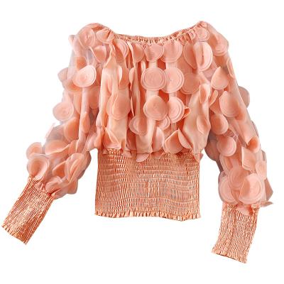 China Anti-pilling Style Women Fashion French O Neck Printed Puff Sleeve Chiffon Elastic Waist Blouse Tops for sale