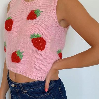 China Pink Strawberry Embroidery Pink Strawberry Jacquard Ladies Knitted Sleeveless Knitted Sweater Vest Sweater Vest Spring Anti-pilling Spring Apparel for sale