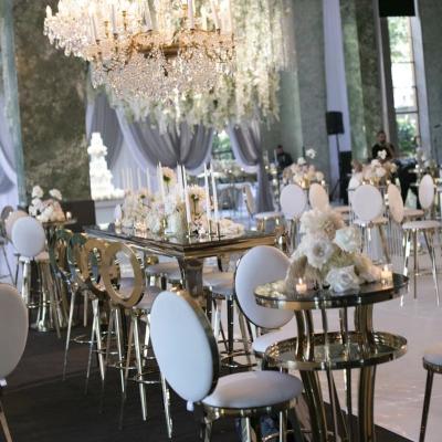 China Modern Event Supplies Wedding Furniture Gold Metal Frame Velvet Bar Chair High End White Black Stool Round Back For Party for sale