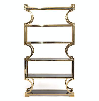 China Wedding Event Decoration Gold Metal Frame Display Rack Tempered Glass Shelf Units For Event Party 183cm*47cm*210cm for sale