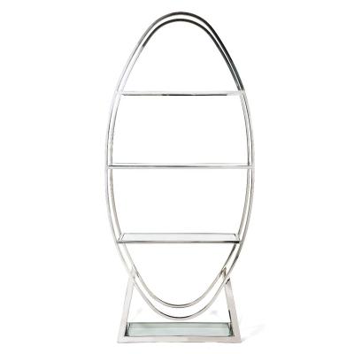 China Metal Rental Oval Bar Sight Silver Morden Furniture Display Back Glass 3 Layer Wine Shelf Party Event For Wedding for sale