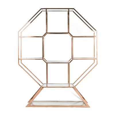 China Rose Gold Plated Three Layer Metal Hexagon Event Furniture Morden Glass Top Bar Shelf Wine Back Display For Wedding Rental for sale