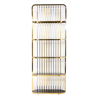 China Event Rental Furniture Mirrored 5 Layers Rose Gold Metal Bar Back Wine Rack With Top Glass For Wedding 125*45*225cm for sale