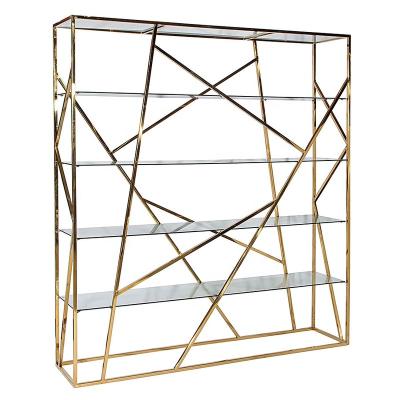 China Morden Event Furniture Metal Gold Shelf Glass Shelving Units Bar Back Display Rack For Party Wedding Rental for sale