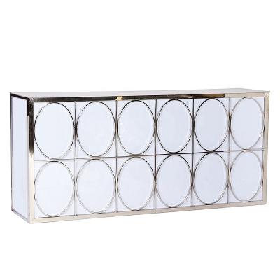 China Contemporary Luxurious Modern Metal Frame Gold Silver Bar Furniture Glass Top Table Hire For Wedding Event for sale