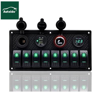 China Use in Cars Rocker Switch Panel, Waterproof 8 Gang 12V 24V IP68 Car Boat LED Rocker Switch Control Panel Dual USB Voltmeter Cigarette Light for sale