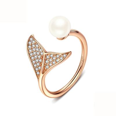 China TRENDY S925 Sterling Silver Ring Rose Gold Plated Mermaid Tail Style Adjustable Shell Pearl Ring Cubic Zirconia Ring for sale