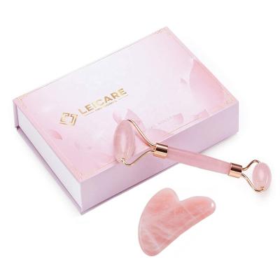 China Hand Held High Quality Jade Roller and Gua Sha Rose Quartz Roller Gua Sha Set Pink Jade Roller and Guasha Tool Beauty Skin Care Products for sale