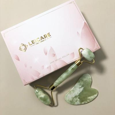 China Hand Held Natural Jade Roller And Gua Sha For Beauty Skin Care Facial Green Jade Guasha Roller Massage Tools Custom Box Packing for sale