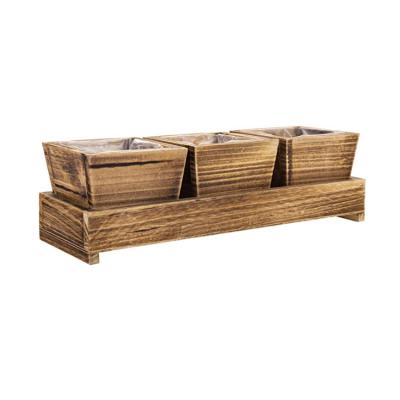 China Factory Stocked Rustic Brown Wooden Set Of 3 Custom Flower Pot Boxes With Decorative Bottom Store for sale