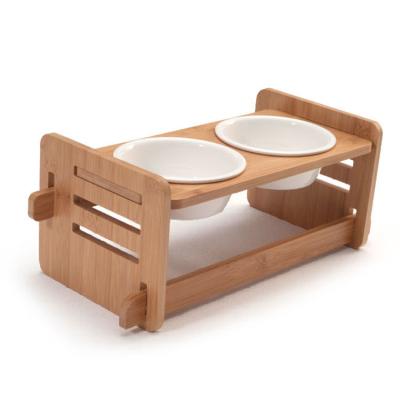 China Viable Bamboo Wooden Frame Dog Cat Supplies Adjustable Removable Wooden Dog Bowl Holder Pet Food Feeder for sale