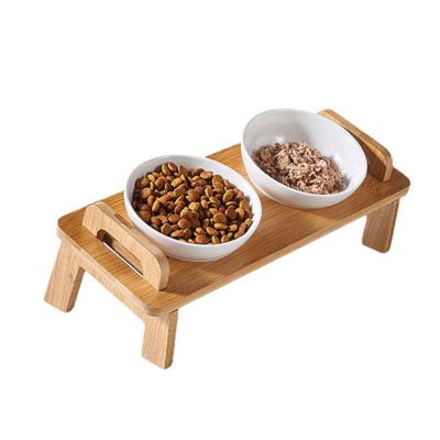 China Sustainable High Quality New Design Wooden Household Pet Natural Bamboo Supplies Pets Dismountable Double Bowl Feeder for sale