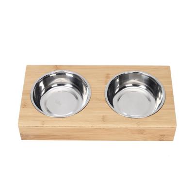 China Custom Dog Bowl Stainless Steel Bamboo Logo Driver Dog Bowl Solid Wood Solid Wood Drinking Dining Table for sale