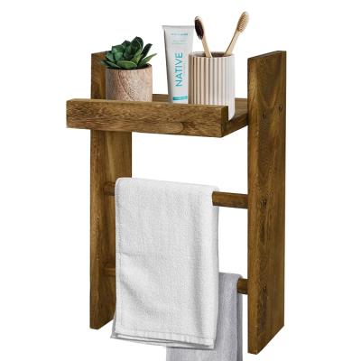 China Custom Wholesale Rustic Style Wall Hanging Ladder Stocked Wooden Towel Rack With Shelf for sale