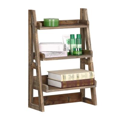 China Custom Craft 3 Tier Rustic Wood Wall Hanging Storage Floating Ladder Shelf Organizer for sale