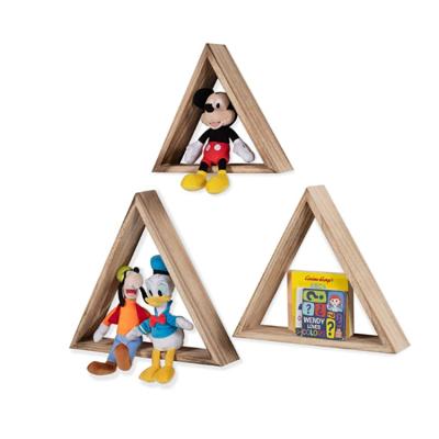 China Factory Custom Set Wall Mount Triangle Design Display Rack Wood 3 Photo Storage Floating Shelf for sale