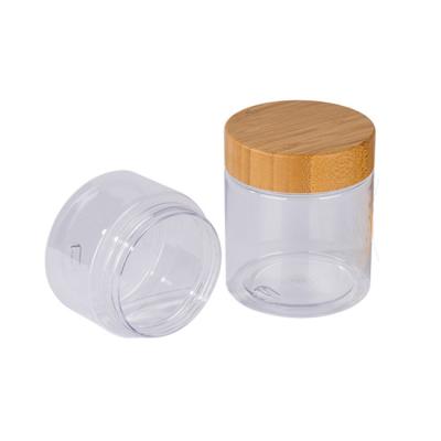 China Fancy Clear Frosted Cream Jar Eco - Friendly PET Cosmetics 150g 250g 500g With Bamboo Texture Lid for sale