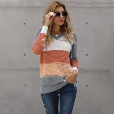 China QUICK DRY knitted hooded women sweater Europe and America color sweater long sleeve loose striped ladies knitted sweater for sale