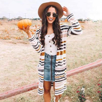 China Autumn and winter new cardigan women's QUICK-DRY sweater women's long-sleeved stripes contrast color women's jacket for sale