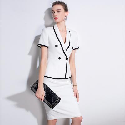 China Breathable Formal V Neck Skirt Women Short Sleeve Suit 2 Piece Female Skirt Formal Suit For Office Lady for sale