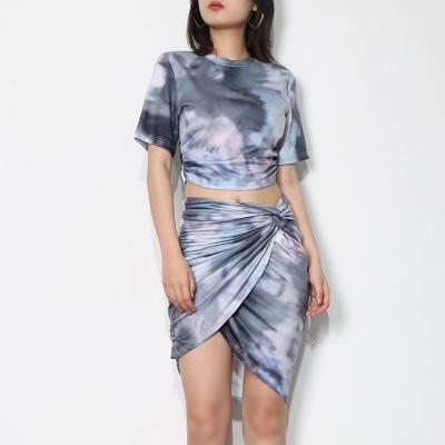 China QUICK DRY short sleeve crew neck tie-dye Women's crop top T-shirt summer asymmetrical hip-hugging mini skirt suit for sale