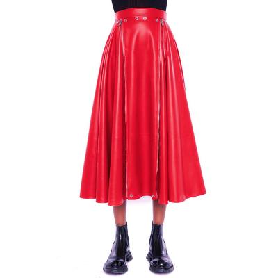 China Mid Waist PU Skirt Anti-Static Red Leather Zipper Zipper Detail Rocket Detail Long Vintage Skirt Minimalist A Line for sale