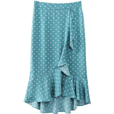 China 2021 New Fashion Chiffon Polka Dot Print Breathable Ruffle High Waist Long Asymmetric Skirt For Women for sale