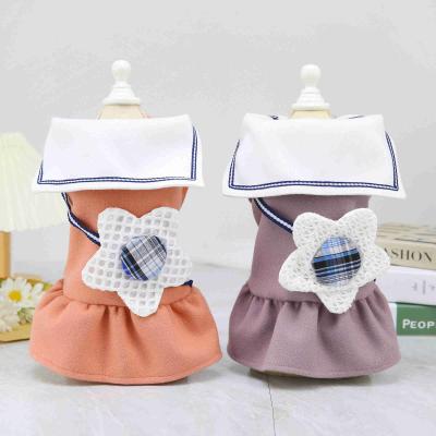 China Autumn And Winter New Design Stocked Pet Product Dog Clothes Wholesale Fashion Big Flower Lapel Woolen Pets Dress Dogs Skirt For Puppy for sale