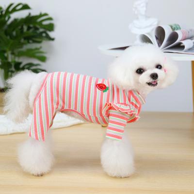 China Stocked High Quality Pet Clothes Wholesale Elastic Soft Striped Strawberry Cotton Fashion Quadruped Dog Pajamas Home Suit For Winter for sale