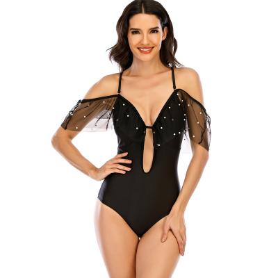 China 2021 New Solid Color Solid Color Deep V Mesh Ruffle Breathable European And American One Piece Swimsuit for sale