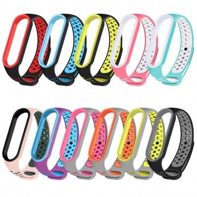 China New Replacement Silicone Wristband Color Doubl Watch Band Strap Breathable Silicone Smart Watch Rubber Strap For Xiaomi MI Band 5 6 7 for sale