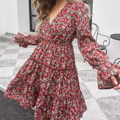 China Breathable Floral Print Cheap Casual Dresses Women's Lady's Line Elegant Long Sleeve Bridesmaids Dresses for sale