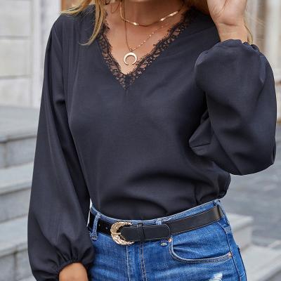 China Ladies Long Sleeve Lace Collar Loose Blouse Top Blouse Woman Black Anti-Shrink Office for sale