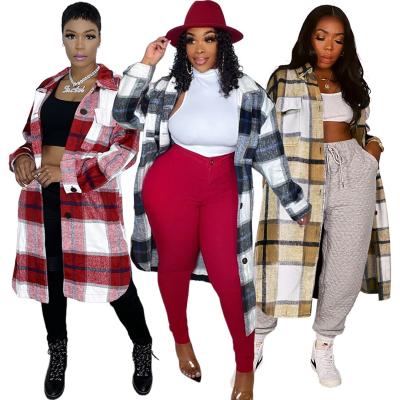 China New Autumn Anti-wrinkle Long Fashion Women Clothes Plaid Duffel Coat Pockets Long Cardigan Sweater Coat for sale