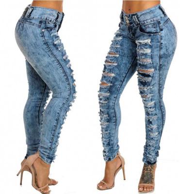 China Ladies Waterproof Skinny Jeans High Waist Blue Jeans Plus Size Jeans Buttons Denim Pants Fashion Hollow Out Tight Jeans for sale